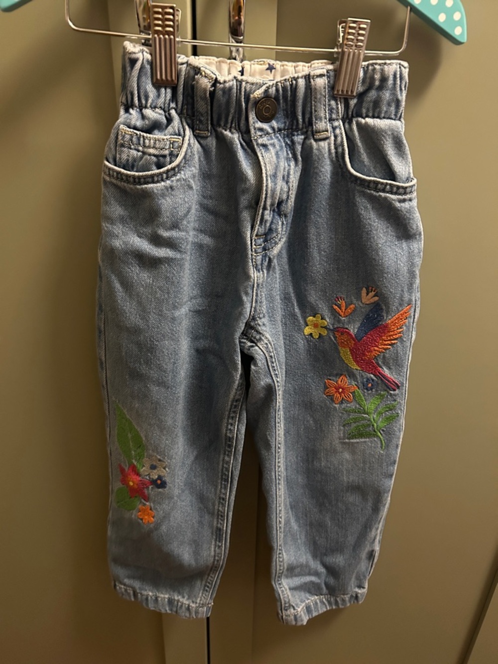 Mini Boden Embroidered Bird Light Blue Kids Denim Pants